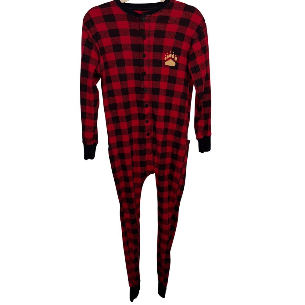 Lazy One Red & Black Plaid Adult Onesie Pajamas Bear Cheeks Design Small